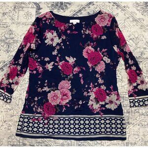 Charter Club Womens Floral Print Navy Pink Sheer Sleeve Blouse Size Petite Large